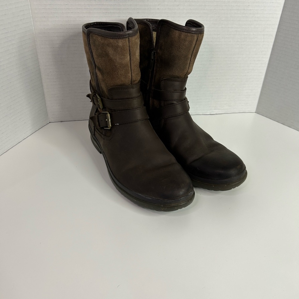 UGG Simmens Waterproof Leather Moto Boots Women’s Size 10 Brown Buckle